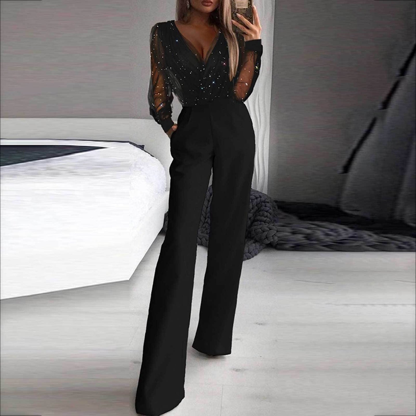 Averly | Elegant Sheer Sparkle Jumpsuit